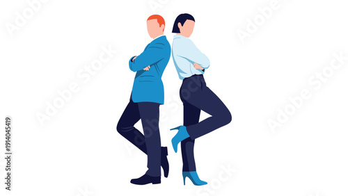 Two confident business professionals stand back-to-back with their arms crossed against a white background, representing a strong partnership.