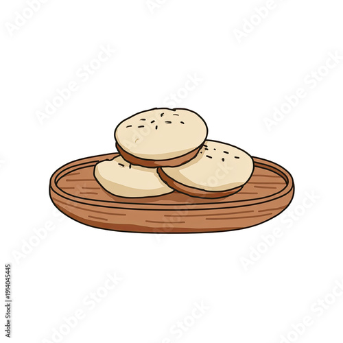 Cartoon depiction of sesame seed-topped baked goods arranged on a simple brown serving tray