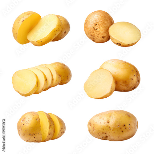 Collection of fresh potatoes whole and sliced on a white background