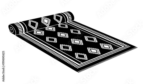 Black and white tribal patterned carpet vector with rolled rug perspective isolated on white background