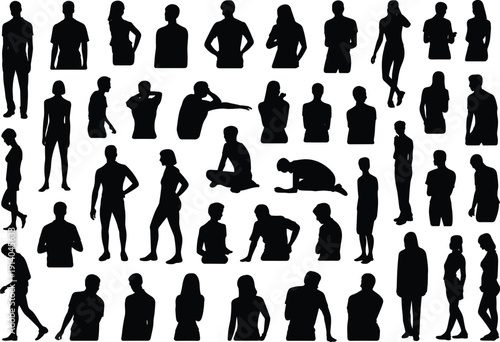Human silhouette pose collection isolated on white background, men and women standing walking sitting gestures for people design illustration vector
