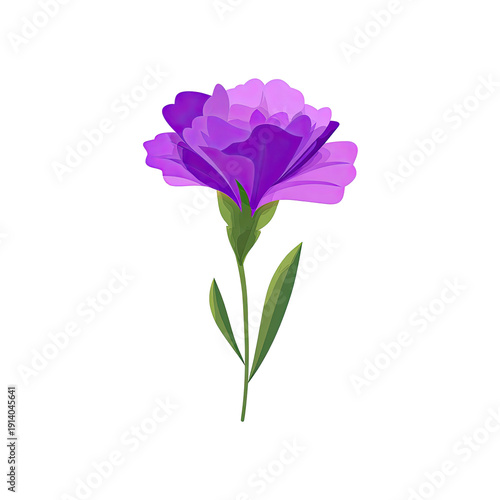 A vibrant, close-up digital illustration of a purple flower with green stem and leaves