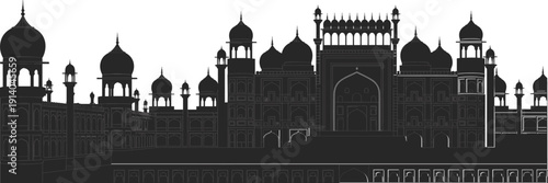 Indian palace silhouette illustration showing historic islamic architecture domes arches cultural heritage travel landmark isolated on white background vector
