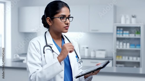 Doctor in a white coat with a stethoscope examines a tablet in a clean, modern medical office