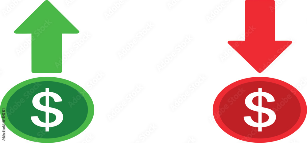 Obraz premium Financial Growth and Decline Icon Set with Dollar Coin and Up Down Arrow Symbols for Business Profit, Loss, Investment, and Economy Design