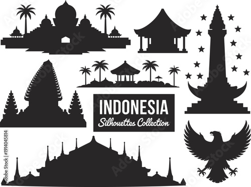 Indonesia landmark silhouette collection, featuring temples monuments national symbols cultural heritage travel icons isolated on white background vector illustration