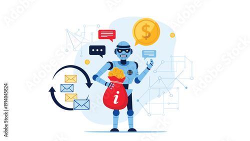 Digital security concept features a robot character as a hacker stealing a bag of money and sensitive data represented by email icons.