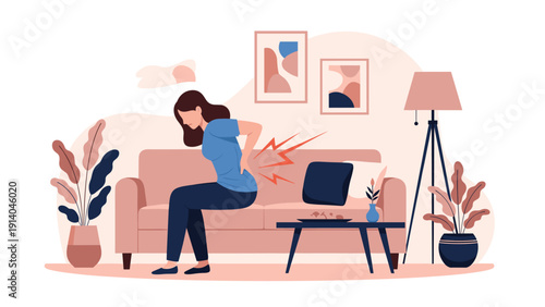 Woman sitting on a modern sofa experiences sudden lower back pain and clutches her spine, illustrating a common health or posture issue.