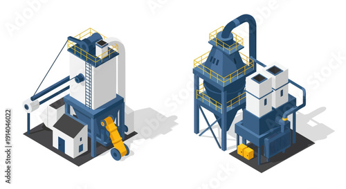 Industrial facilities with processing equipment and storage tanks.