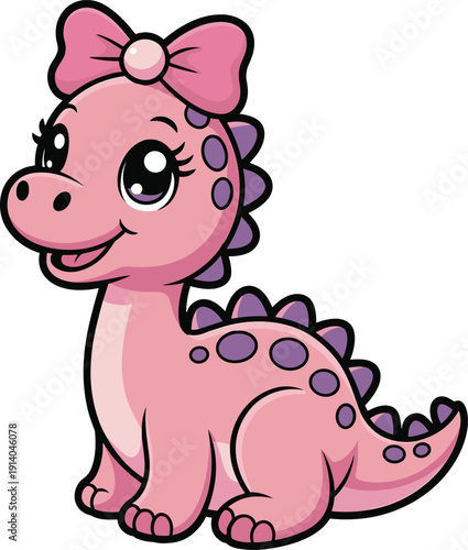 Adorable pink cartoon baby dinosaur wearing a large pink bow on its head with purple spots and big innocent eyes