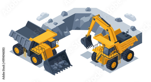 Heavy Construction Machinery Dump Truck and Excavator Working Together.