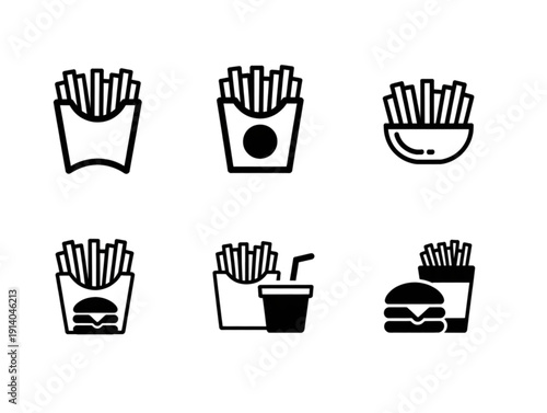 Collection of six black silhouette icons, including French fries with burger and soda drink combo symbols