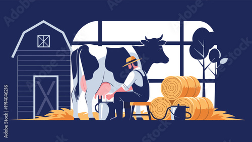 Hardworking farmer in a hat is shown milking a large cow inside a barn at night with stacked hay bales and farming tools in the background.