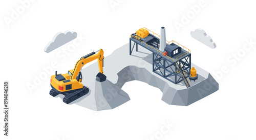 Construction site with excavator and industrial equipment on rocky terrain.