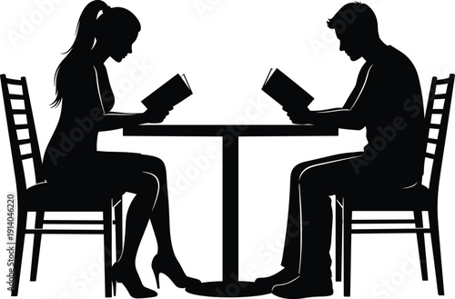 Black silhouette of couple sitting at table reading books, man and woman in cafe, library study, vector illustration, literary date,