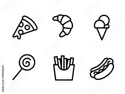 Set of six minimalist line art icons, featuring pizza, croissant, ice cream, lollipop, fries, and hotdog
