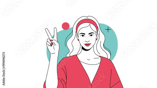 Beautiful young woman with blonde hair makes a peace sign with her hand against a simple background with minimalist graphic elements.