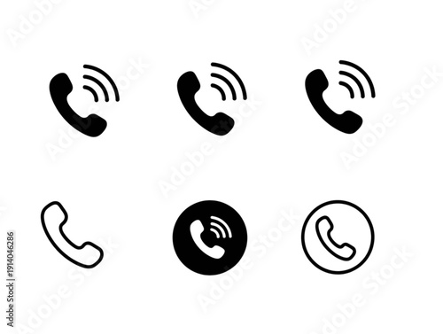 Set of six minimalist icons, featuring black silhouette and line art phone handset communication symbols