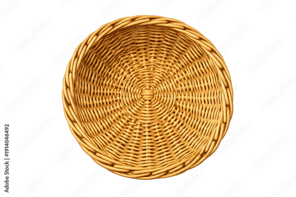 Fototapeta premium Overhead view of a round woven wicker basket with a textured surface and dark background