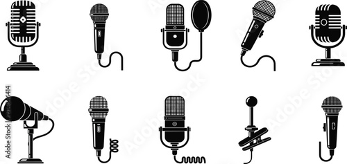 Microphone Icon Set with Studio, Podcast, and Vocal Mic Symbols for Recording, Broadcasting, Music, and Audio Production Design Elements