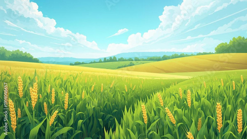 Vibrant cornfield on sunny day with blue sky and white clouds