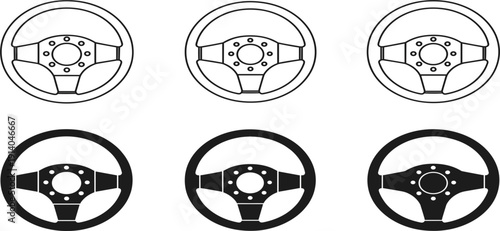 Steering Wheel Icon Set with Outline and Solid Car Control Symbols for Driving, Automotive, Transport, and Vehicle Navigation Design Elements