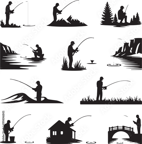 Black silhouettes of people fishing in various natural settings  rivers lakes mountains