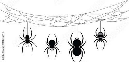 Black silhouette of spiders hanging from cobwebs set, spooky Halloween arachnid collection, spiderweb border vector illustration on white background, isolated,