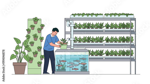 Dedicated man works in a modern indoor farm or aquaponics facility, tending to green plants and checking on fish in a large water tank.