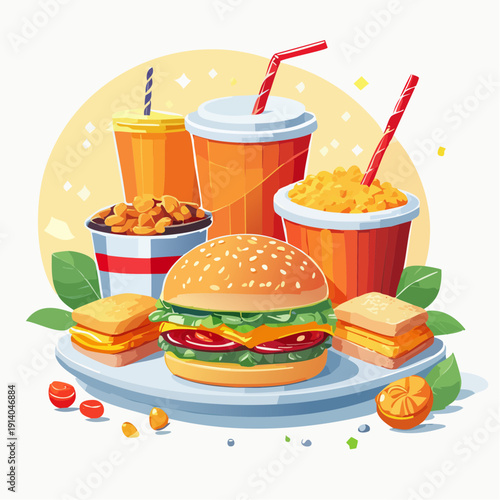 Colorful Assortment of Delicious Fast Food Items with Classic Burger, Refreshing Drinks, and Savory Sides, Perfect for Appetizing Menu Designs and Promotions