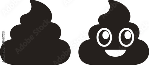 Poop emoji icons silhouette set, funny cartoon feces symbol, black vector illustration, cute smile design, isolated white background, minimal graphic