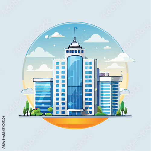 Modern office building with glass facade under a cloudy sky