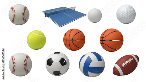 Assortment of Sports Balls and Ping Pong Table isolated on a transparent background baseball