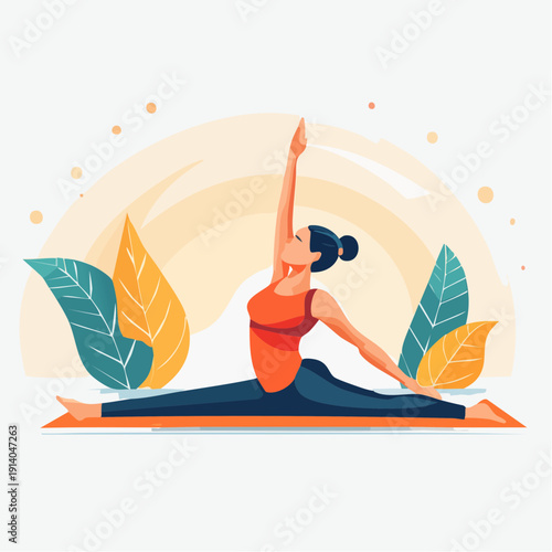 A serene woman practices an advanced yoga pose, demonstrating flexibility and balance on a mat amidst a natural, calming backdrop, embodying wellness and mindful movement