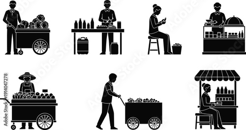Black silhouette collection of street food vendors and local market stalls with carts and fresh produce isolated on white background