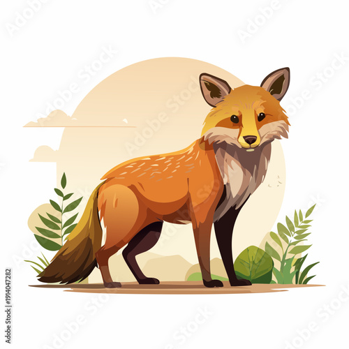 Graceful Wild Fox Depicted in a Lush Outdoor Scene with Soft Foliage Illustration