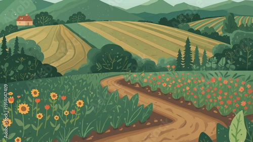 Serene countryside landscape with vibrant flowers and farmland