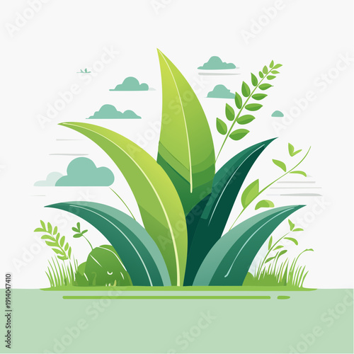 Vibrant Green Leaves and Lush Vegetation on a Light Green Background