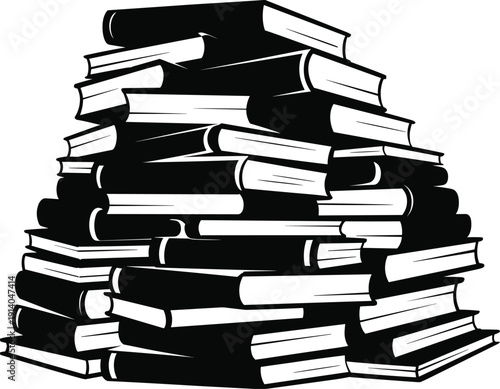 Stack of books illustration, black and white book pile, education knowledge concept, reading study library, vector art, isolated white background