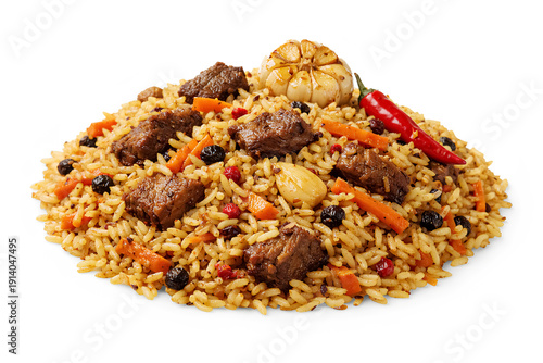 Uzbek pilaf with tender beef, rice, carrots and garlic cloves served as aromatic oriental rice dish with spices and traditional presentation on light background