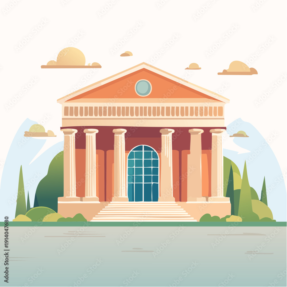 Obraz premium Classical building with columns and trees in a serene landscape