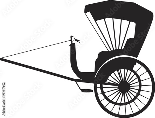 Traditional rickshaw silhouette illustration, classic Asian transport vehicle, hand pulled carriage icon, vintage street travel, black vector, isolated white background