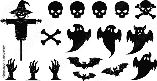 Black silhouette set of dinosaurs and eggs, Tyrannosaurus, Triceratops, Stegosaurus and Pterodactyl, cad drawing flat vector illustration, isolated on white.