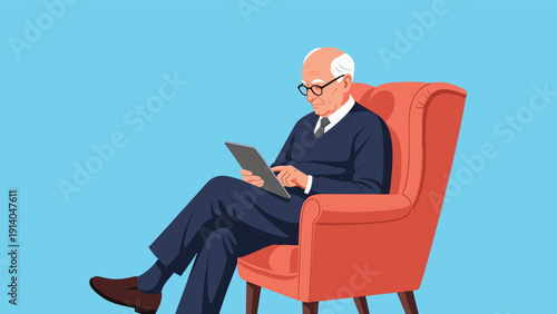 Senior man with white hair sits comfortably in a red armchair while browsing content on his digital tablet against a blue background.