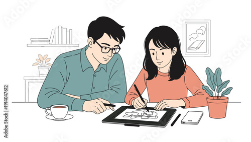 Young girl and a man work together on a creative project using a professional graphics tablet and digital pen at a bright desk.