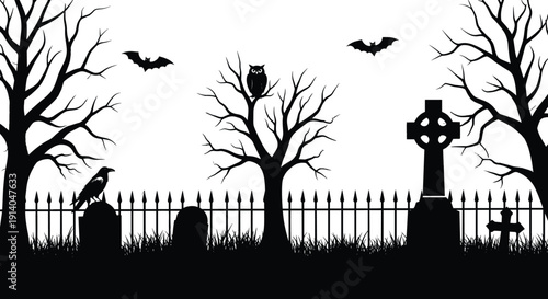 Black silhouette of spooky Halloween graveyard, tombstones and crosses in cemetery, owl and bats at night