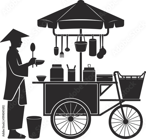 Street food vendor silhouette illustration with traditional cart, cooking utensils, Asian culture concept, black and white vector design, iconic scene