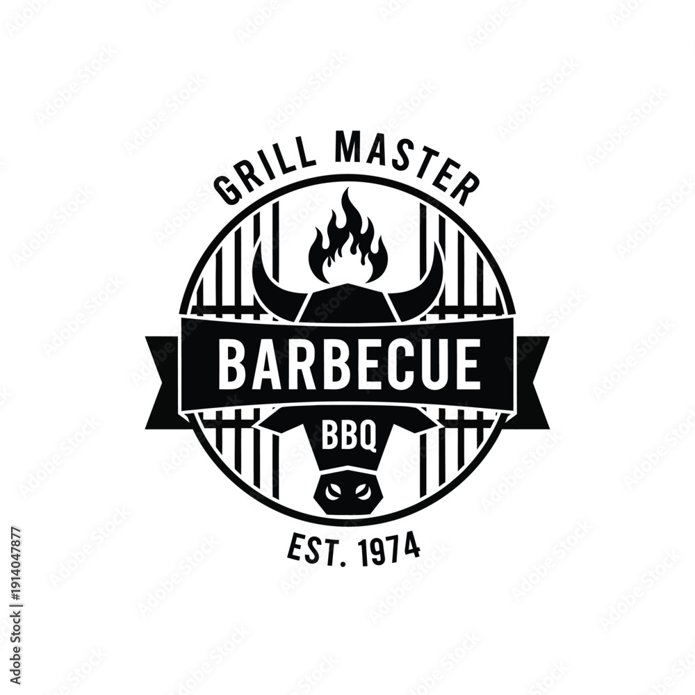 Obraz premium Vector illustration icon grill master barbecue logo design with bull head and flames