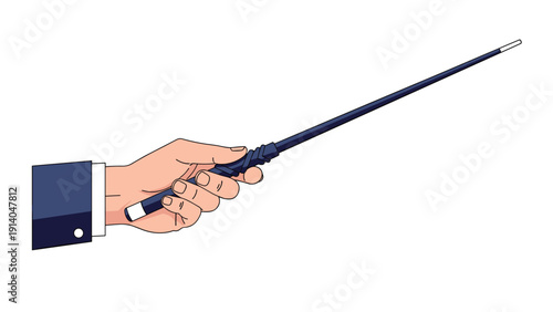 Close up of a person wearing a formal suit jacket holding a long black pointer or wand to emphasize information during a presentation.