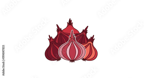 A group of red onions with varied pointed tops are clustered together on a white background.